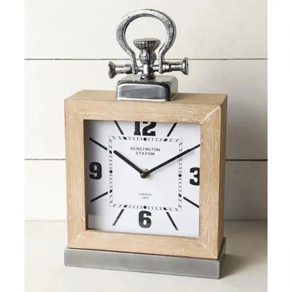 Rustic Industrial Square Table Clock Silver Metal Accents Antique Farmhouse